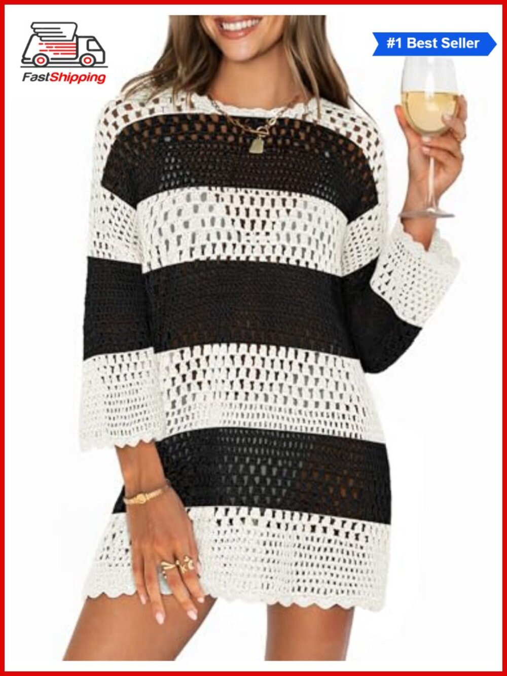 ✨ANRABESS Crochet Knit Swim Cover Up Mini Dress 3/4 Sleeve Loose Beach
